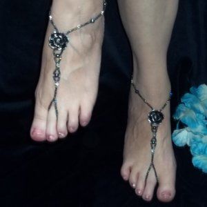 Black Glitter Rose Barefoot Sandals  Size 6-9